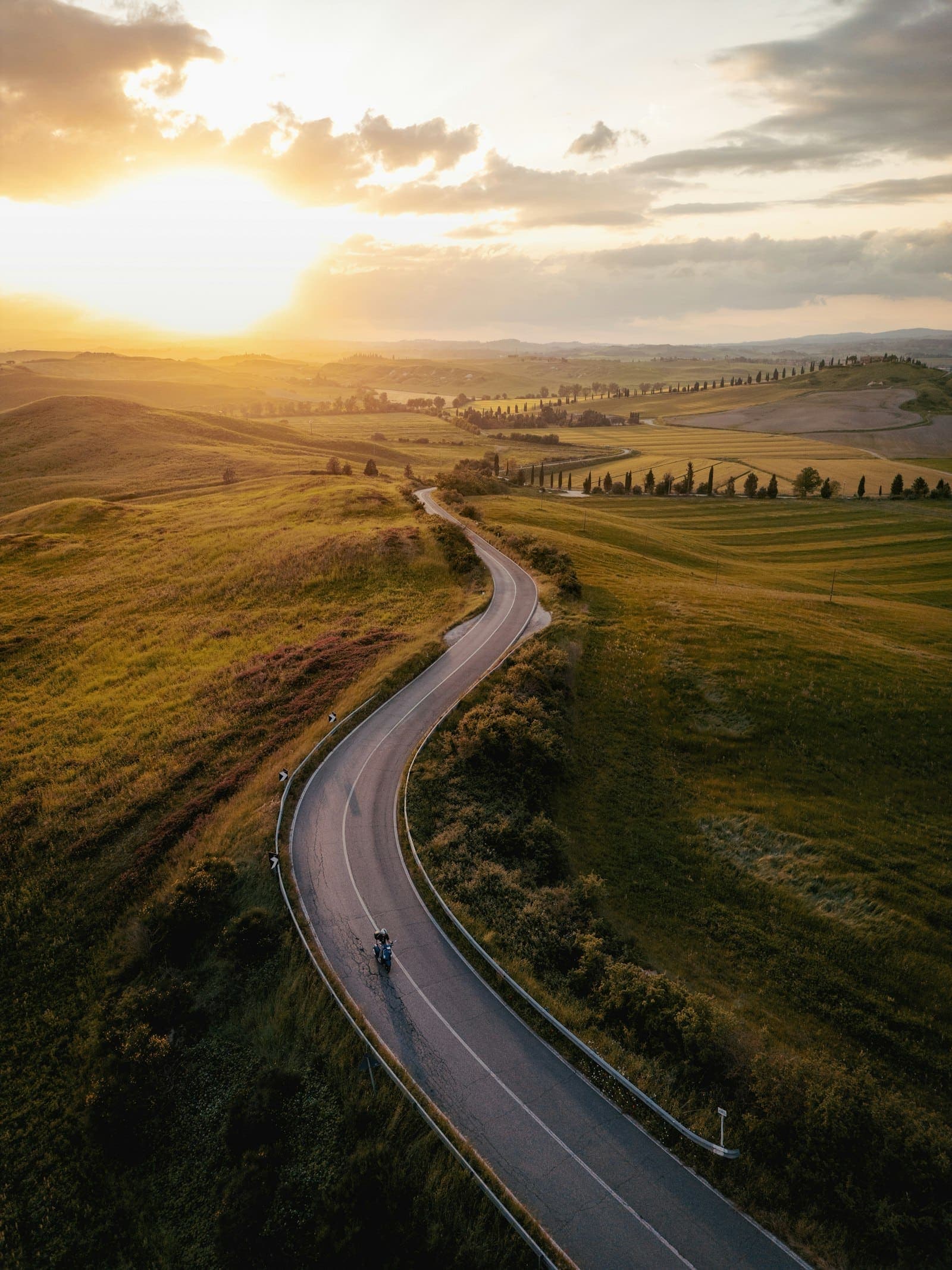A road winding through rolling hills at sunset